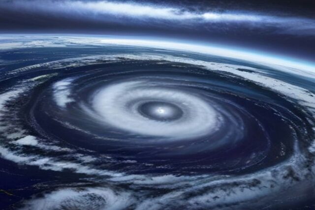 Vista satelital de un huracán con el ojo bien definido y amplias bandas de nubes en espiral sobre el océano oscuro, sin personas ni texto