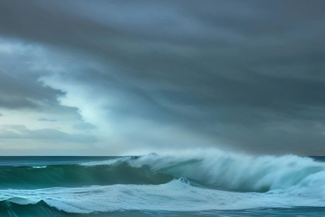 Mar agitado con una gran ola que rompe bajo nubes oscuras de tormenta sobre el océano Pacífico, sin personas ni texto