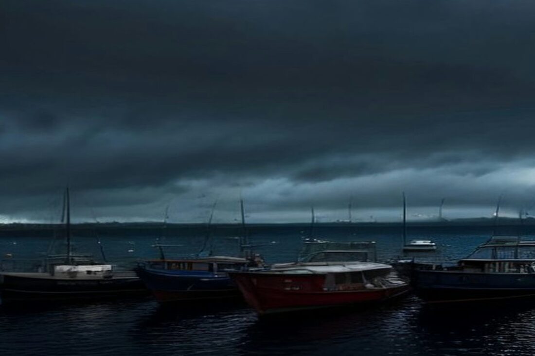 Pequeñas embarcaciones de pesca amarradas en una bahía de aguas oscuras bajo un cielo cubierto de densas nubes de tormenta