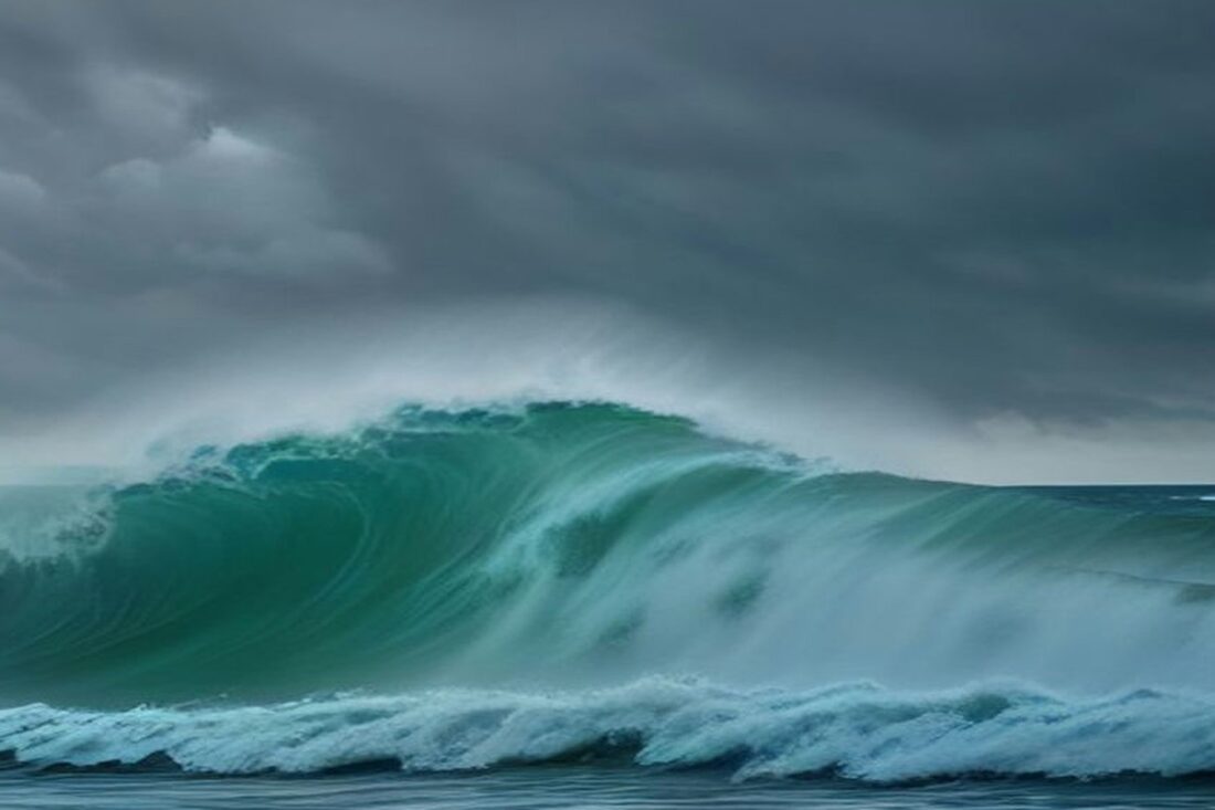Grandes olas verdes rompiendo en el mar bajo un cielo cargado de nubes oscuras de tormenta