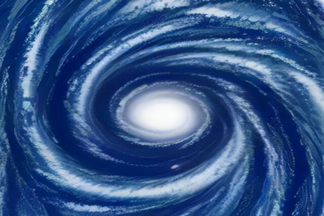 Vista satelital de un gran remolino de nubes blancas con un ojo definido sobre un océano azul profundo