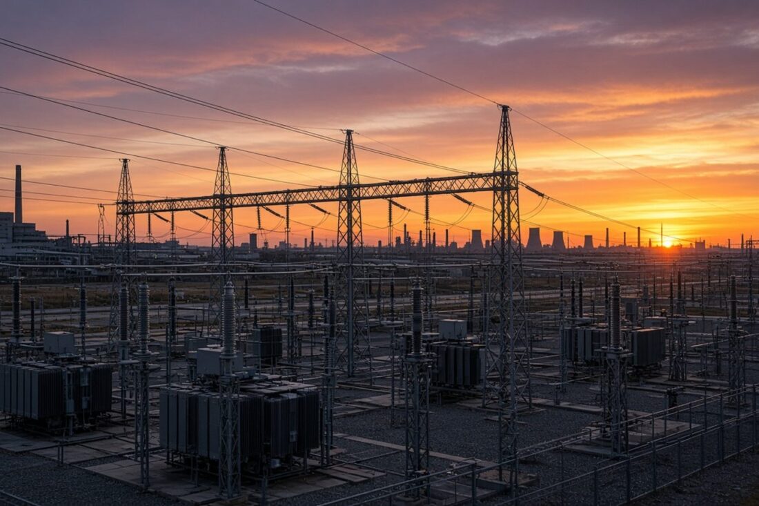 Subestación eléctrica y líneas de alta tensión al atardecer en un paisaje industrial vacío, alusiva a los proyectos de inversión destrabados
