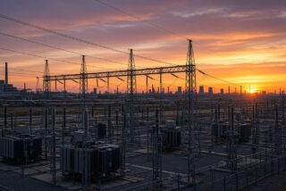 Subestación eléctrica y líneas de alta tensión al atardecer en un paisaje industrial vacío, alusiva a los proyectos de inversión destrabados