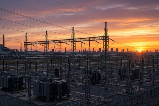 Subestación eléctrica y líneas de alta tensión al atardecer en un paisaje industrial vacío, alusiva a los proyectos de inversión destrabados