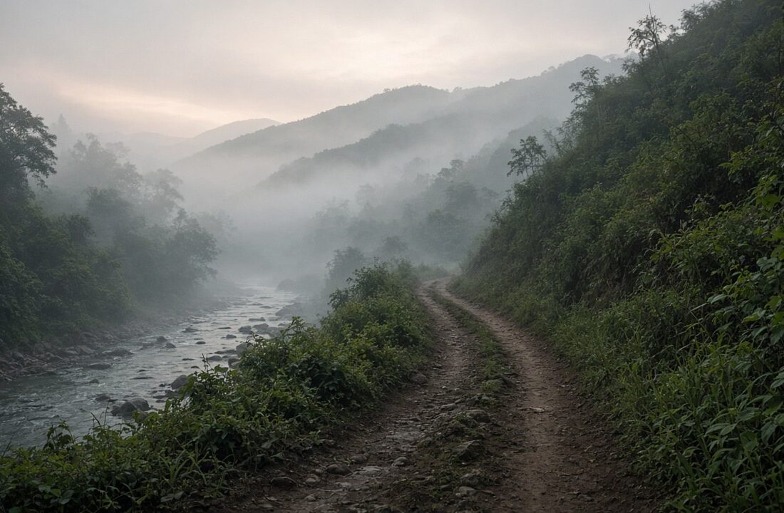 Camino de terracería junto a un río entre cerros con vegetación tropical cubiertos de neblina al amanecer