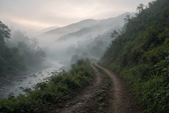 Camino de terracería junto a un río entre cerros con vegetación tropical cubiertos de neblina al amanecer