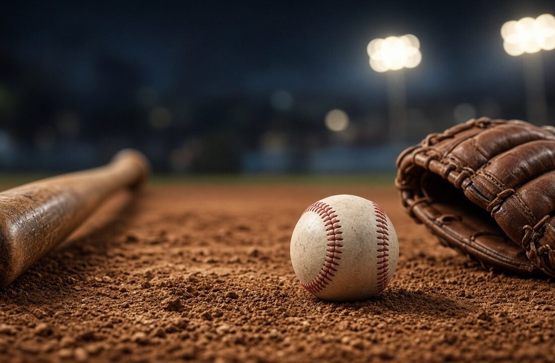 Pelota de béisbol sobre la tierra del cuadro junto a un bate de madera y un guante con luces de estadio desenfocadas de noche