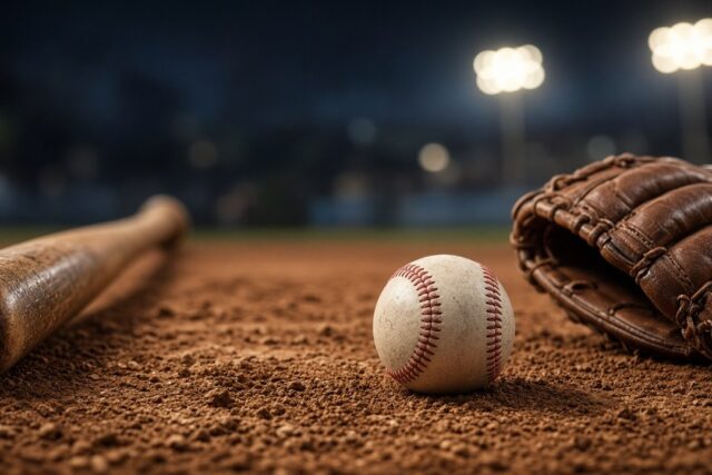 Pelota de béisbol sobre la tierra del cuadro junto a un bate de madera y un guante con luces de estadio desenfocadas de noche