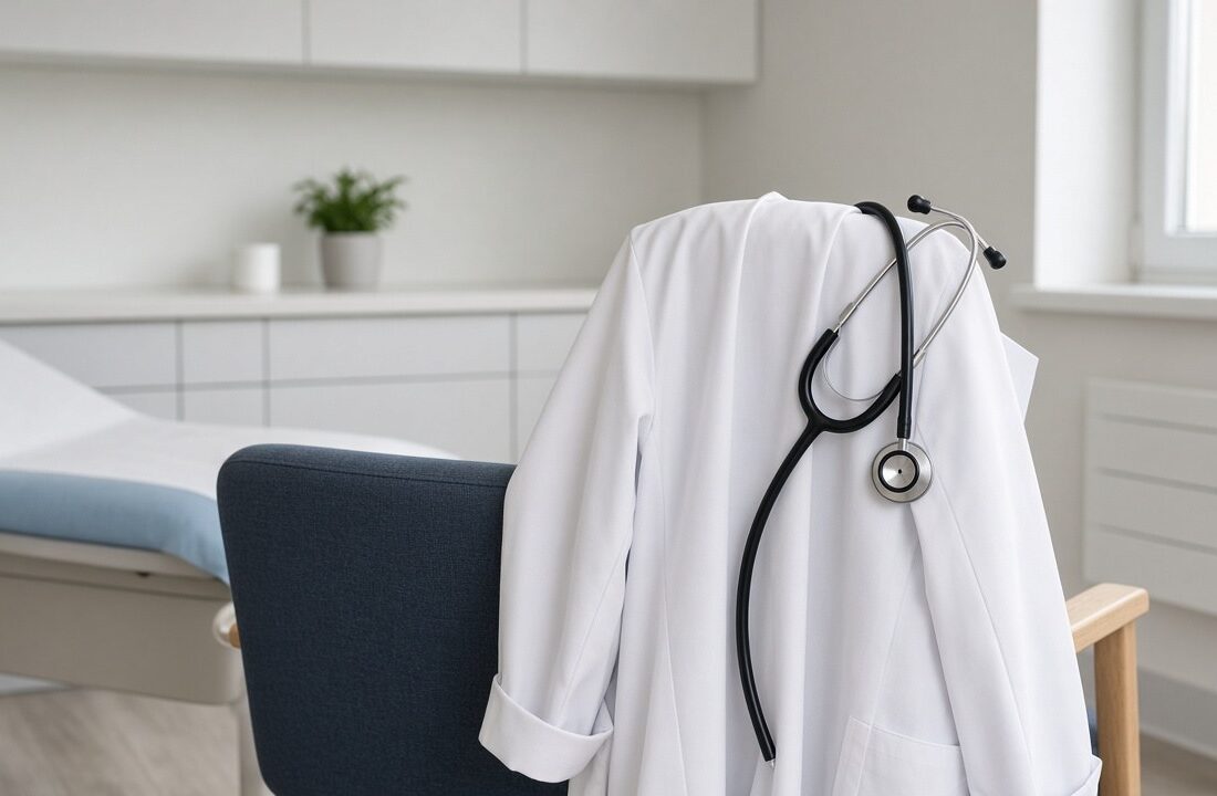 Bata blanca y estetoscopio colgados en una silla dentro de un consultorio luminoso y vacío