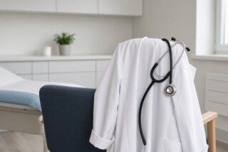 Bata blanca y estetoscopio colgados en una silla dentro de un consultorio luminoso y vacío