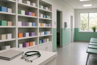 Farmacia de un centro de salud público con anaqueles de cajas de medicamentos sin etiquetas, un estetoscopio sobre el mostrador y una sala de espera vacía, alusiva al abasto en el IMSS-Bienestar
