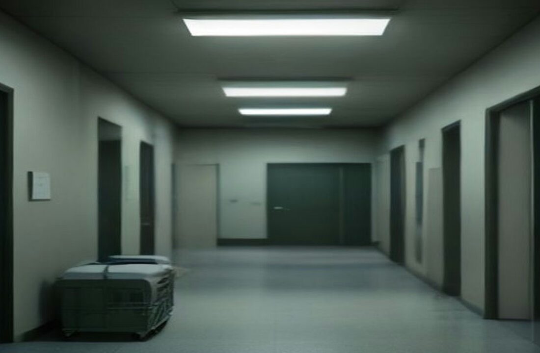 Pasillo vacío de hospital público con una camilla junto a la pared bajo luces fluorescentes, sin personas, alusivo a las carencias detectadas por el IMSS.