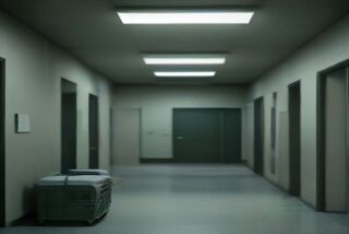 Pasillo vacío de hospital público con una camilla junto a la pared bajo luces fluorescentes, sin personas, alusivo a las carencias detectadas por el IMSS.