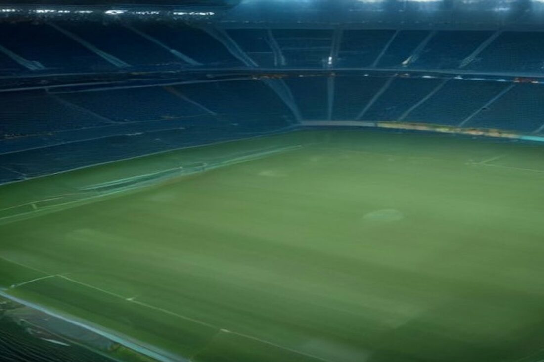 Estadio de futbol vacío de noche visto desde lo alto de la tribuna, con la cancha verde iluminada por reflectores y gradas azules sin público, alusivo a la Jornada 13 de la Liga MX.