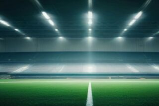 Estadio de futbol vacío de noche con reflectores encendidos sobre el césped verde y la línea central blanca, alusivo a la Jornada 15 de la Liga MX Apertura 2026