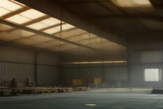 Nave industrial vacía al atardecer con mesas de trabajo de madera, tragaluces en el techo y luz cálida que entra por las ventanas, alusiva a la jornada de 40 horas