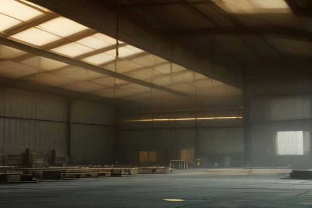 Nave industrial vacía al atardecer con mesas de trabajo de madera, tragaluces en el techo y luz cálida que entra por las ventanas, alusiva a la jornada de 40 horas
