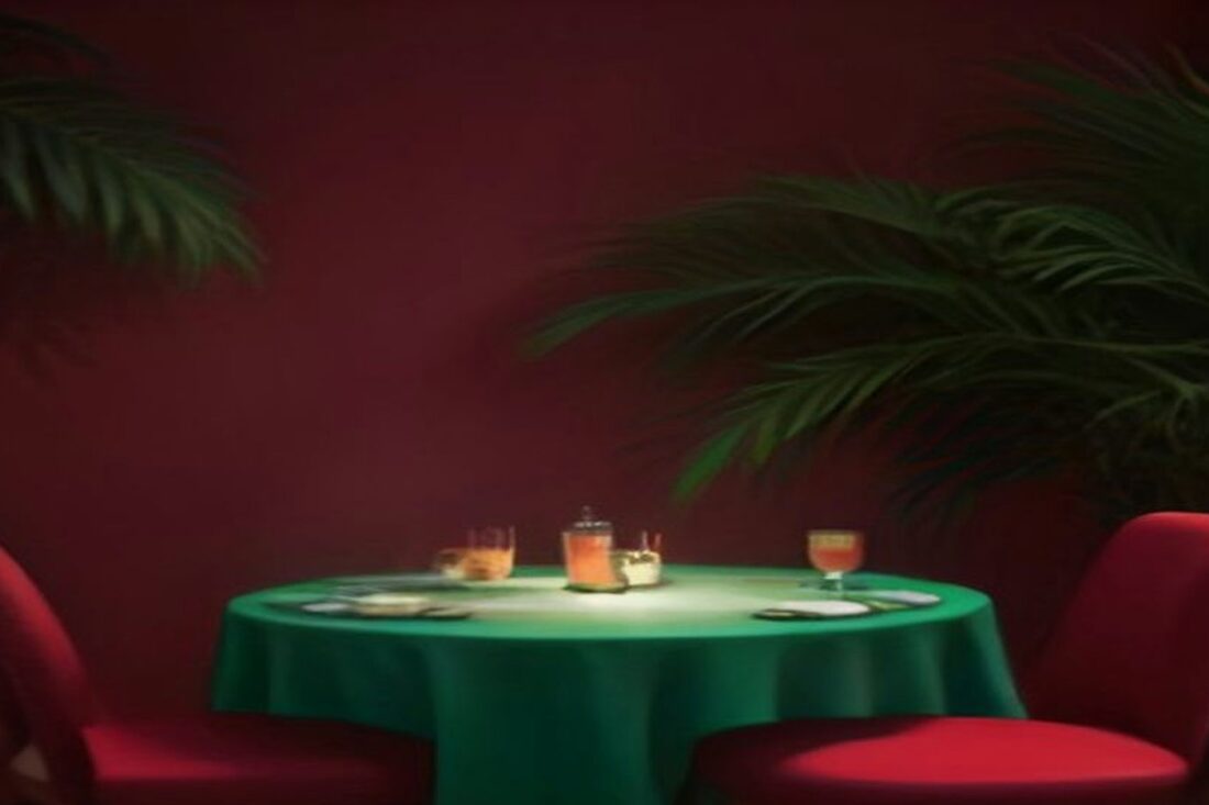 Mesa redonda con mantel verde, copas y velas en un restaurante de paredes rojas con palmeras, sin personas