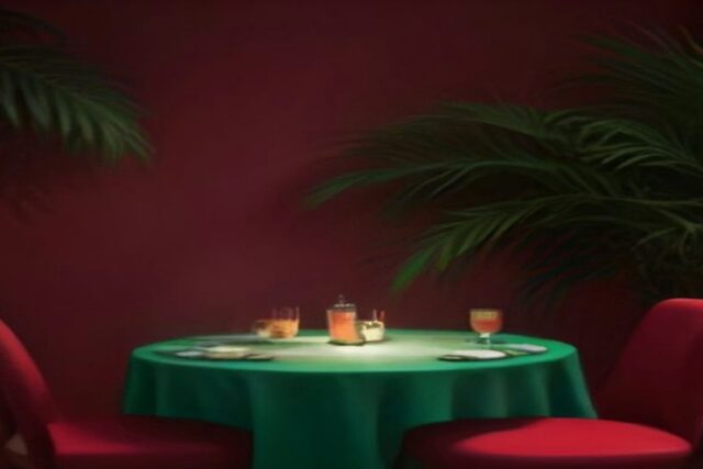Mesa redonda con mantel verde, copas y velas en un restaurante de paredes rojas con palmeras, sin personas