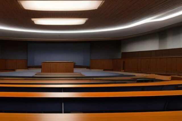 Recinto legislativo vacío con filas de escritorios de madera y luces en el techo, sin personas ni texto