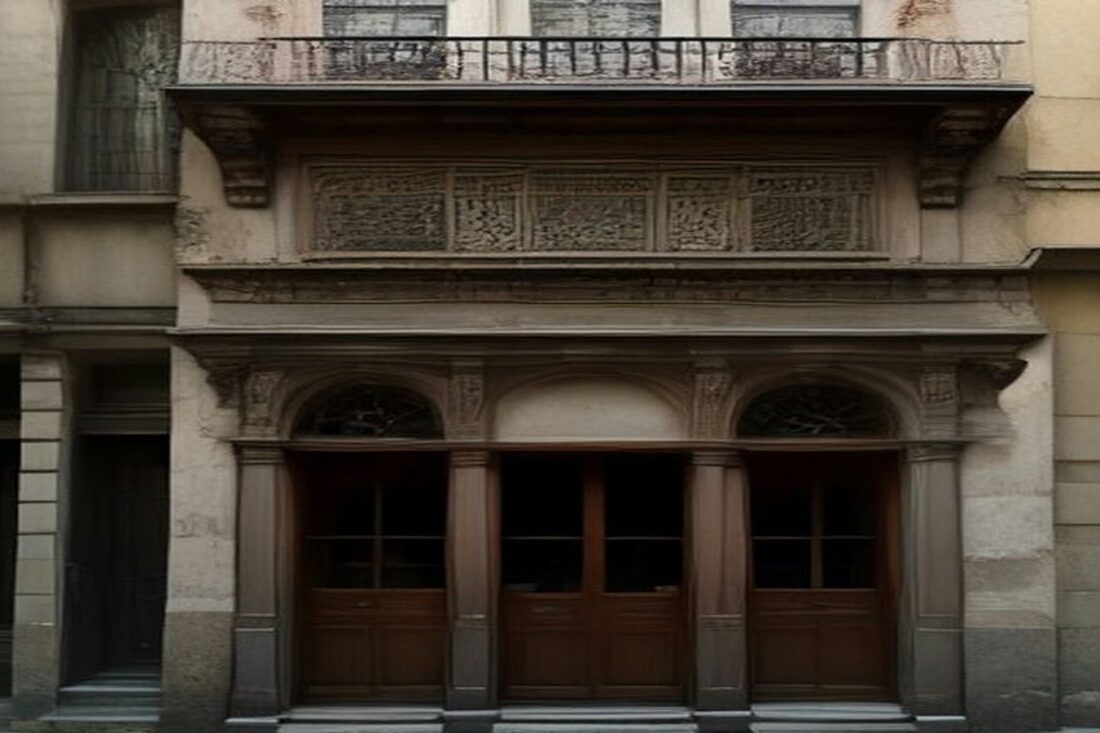Fachada de edificio histórico de cantera con balcones de herrería y puertas de madera en el Centro de la Ciudad de México, sin personas