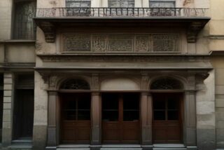 Fachada de edificio histórico de cantera con balcones de herrería y puertas de madera en el Centro de la Ciudad de México, sin personas