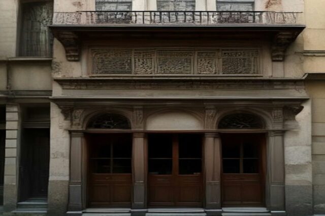 Fachada de edificio histórico de cantera con balcones de herrería y puertas de madera en el Centro de la Ciudad de México, sin personas