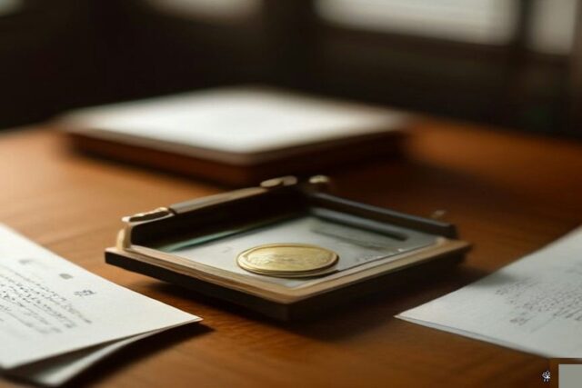 Escritorio de oficina pública con expedientes sellados, sellos de goma, monedas y billetes de pesos mexicanos, calculadora y balanza, con curules vacías al fondo, alusivo a la Ley Federal de Derechos 2027