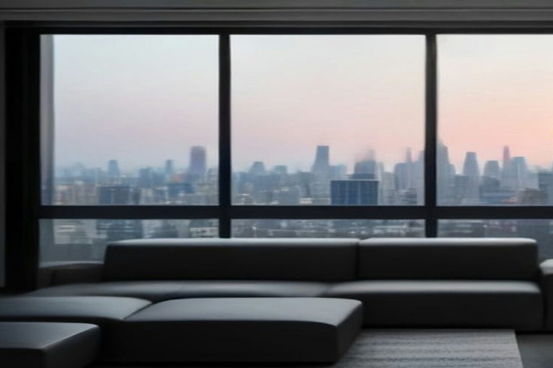 Sala de departamento vacío con vista a la ciudad al atardecer, alusiva a la Ley de Rentas Justas CDMX 2026