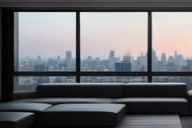 Sala de departamento vacío con vista a la ciudad al atardecer, alusiva a la Ley de Rentas Justas CDMX 2026
