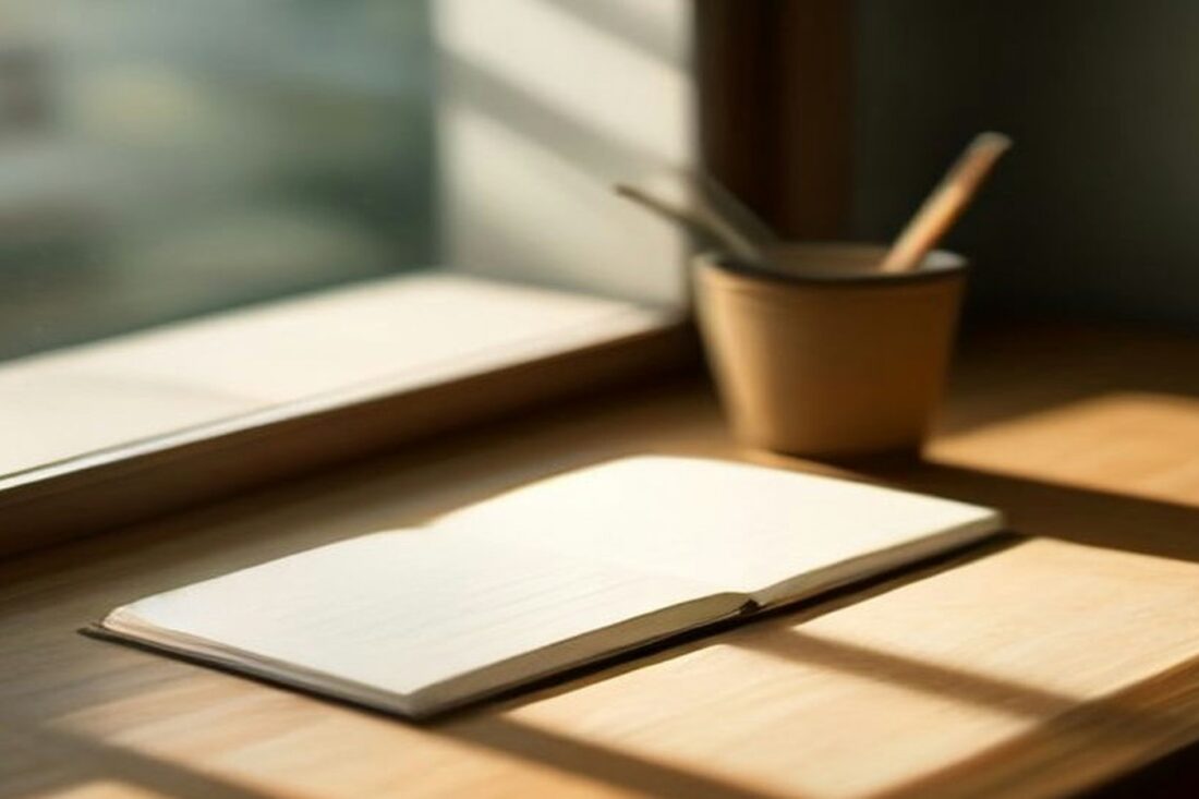 Libreta abierta con hojas en blanco sobre un escritorio de madera iluminado por la luz de una ventana