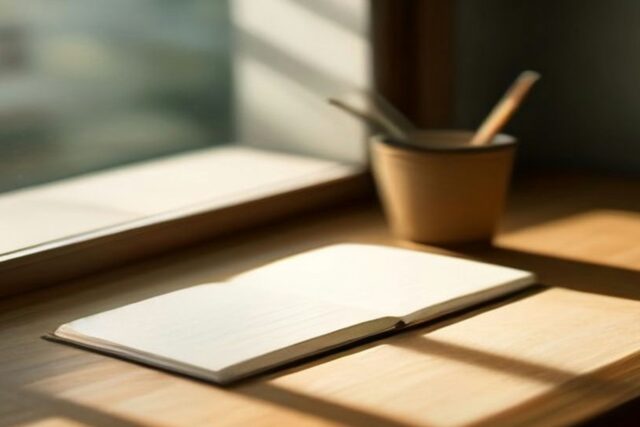 Libreta abierta con hojas en blanco sobre un escritorio de madera iluminado por la luz de una ventana
