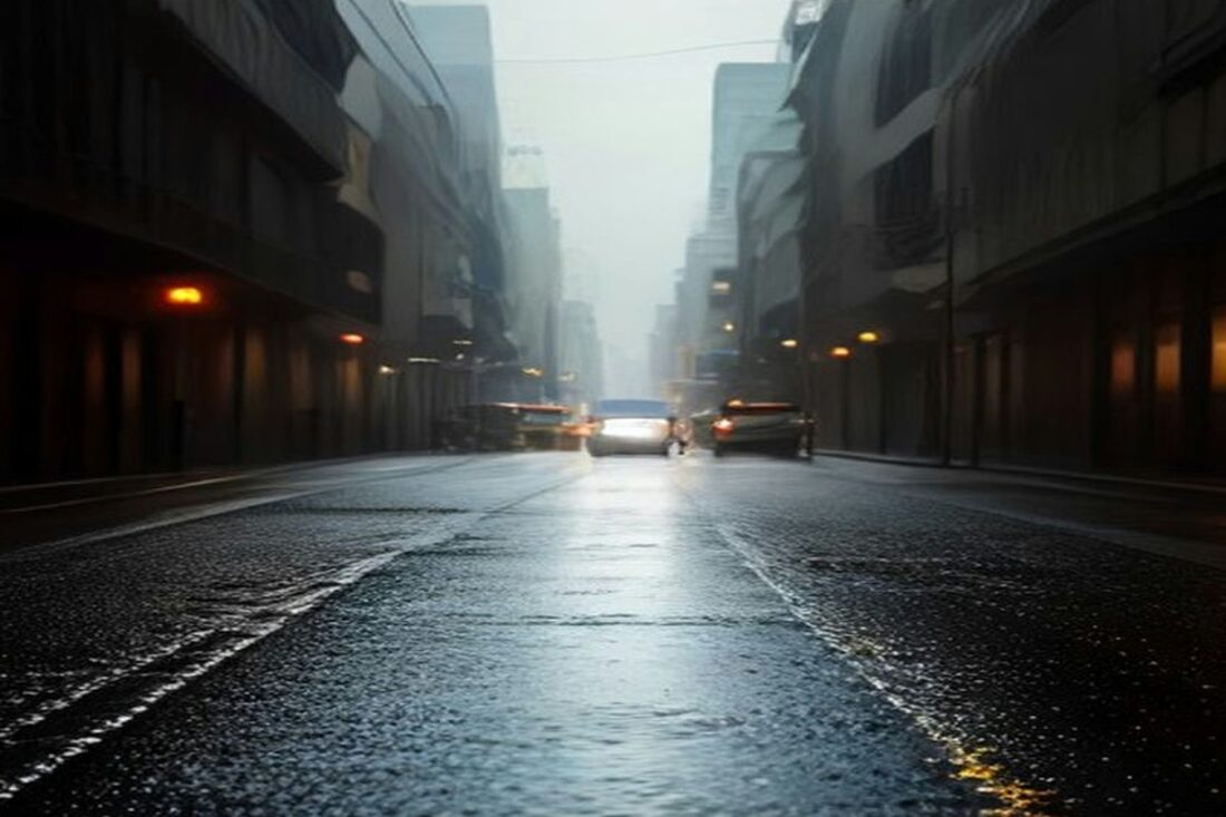 Calle urbana mojada entre edificios bajo cielo nublado tras la lluvia, con autos de faros encendidos al fondo y asfalto brillante, sin personas.