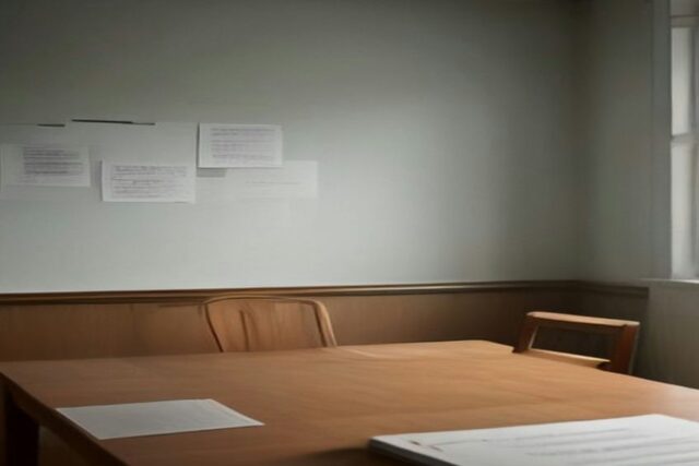 Sala de reuniones vacía con una mesa de madera, sillas, hojas sobre la mesa y papeles fijados en la pared, iluminada por una ventana