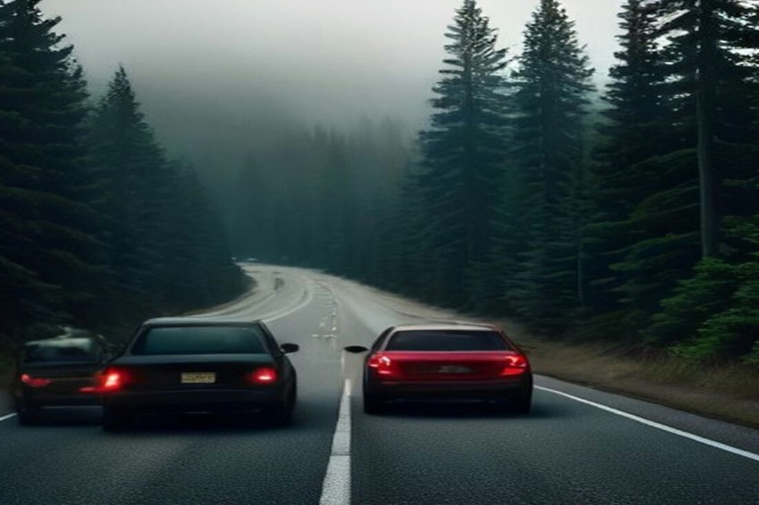 Automóviles con luces de freno encendidas en una carretera de montaña rodeada de pinos y neblina