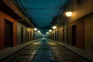 Calle estrecha y vacía de un barrio antiguo al anochecer, con fachadas rojizas, faroles encendidos, cables en lo alto y pavimento mojado