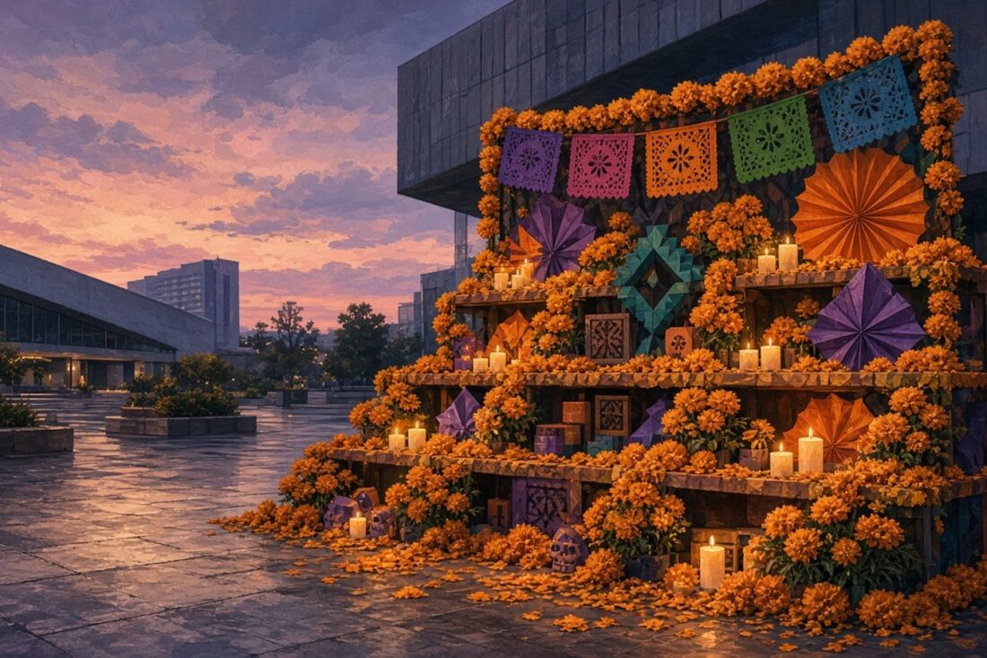 Altar de varios niveles cubierto de cempasúchil, velas, papel picado y abanicos de papel en una explanada universitaria de concreto al atardecer, alusivo a la Megaofrenda UNAM 2026