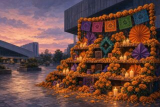 Altar de varios niveles cubierto de cempasúchil, velas, papel picado y abanicos de papel en una explanada universitaria de concreto al atardecer, alusivo a la Megaofrenda UNAM 2026