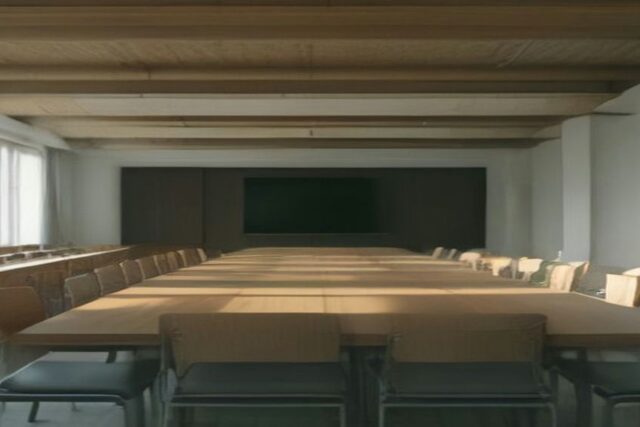Sala de juntas institucional vacía con mesa de conferencia de madera larga y sillas bajo luz natural suave, sin personas ni logos.