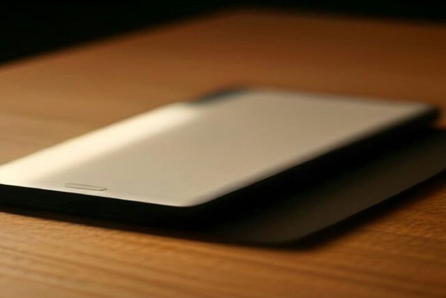 Teléfono boca abajo sobre mesa de madera junto al resplandor de una tableta de control parental, sin logos ni texto