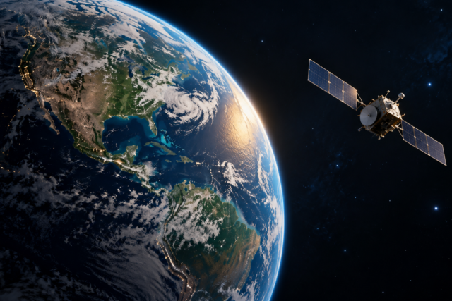 Ilustración conceptual de la Tierra parcialmente iluminada y una sonda robótica genérica con paneles solares en el espacio.