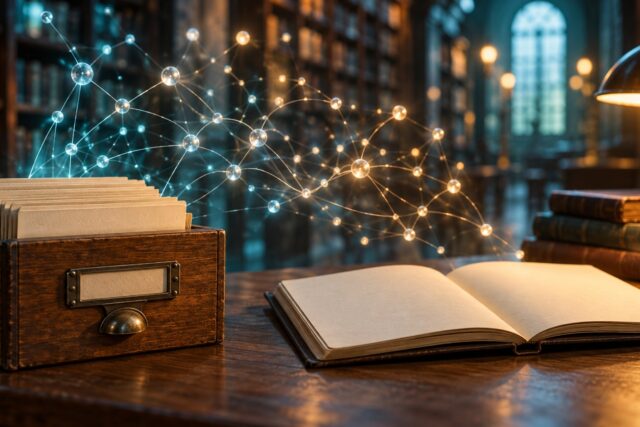 Libros y una red abstracta de nodos como concepto de evaluación de información.