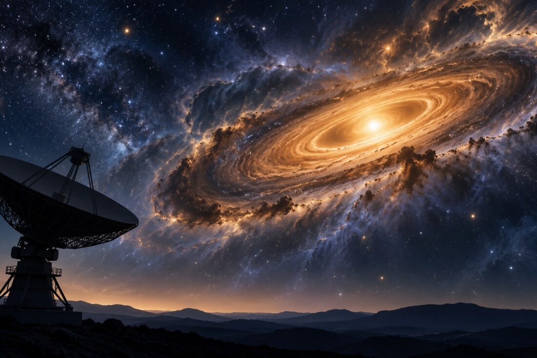 Radiotelescopio imaginario bajo una representación artística de formación estelar.