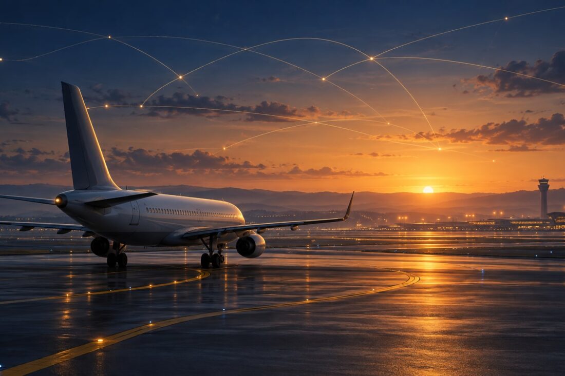 Avión de pasajeros sin marca en una pista imaginaria con rutas abstractas de coordinación.