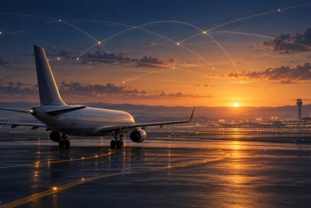 Avión de pasajeros sin marca en una pista imaginaria con rutas abstractas de coordinación.