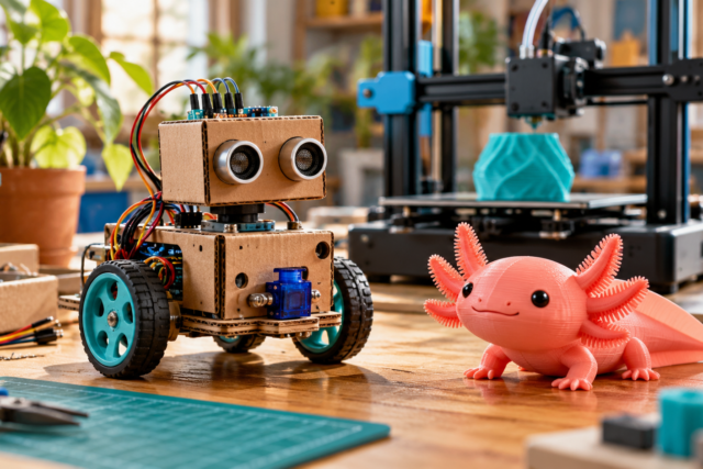 Robot de cartón y ajolote impreso en 3D sobre una mesa de trabajo, en una ilustración editorial.