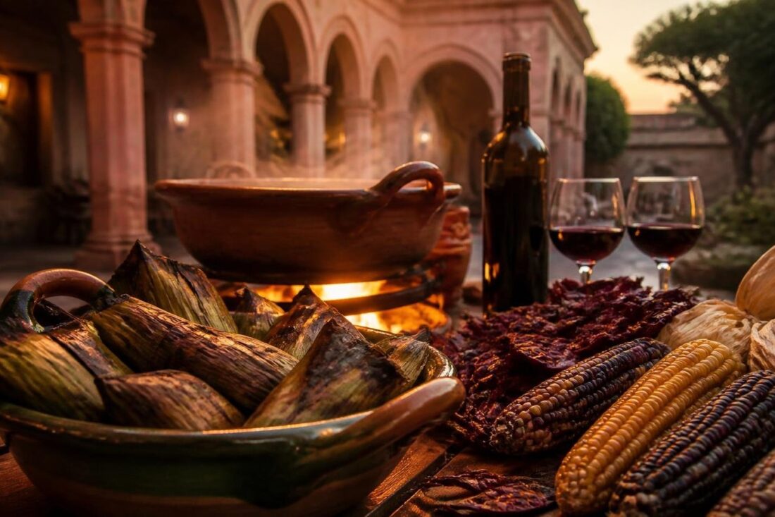Corundas en hoja de milpa sobre un plato de barro junto a un fogón, mazorcas de maíz criollo y copas de vino en un patio de cantera rosa de Morelia