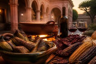 Corundas en hoja de milpa sobre un plato de barro junto a un fogón, mazorcas de maíz criollo y copas de vino en un patio de cantera rosa de Morelia