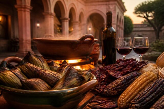 Corundas en hoja de milpa sobre un plato de barro junto a un fogón, mazorcas de maíz criollo y copas de vino en un patio de cantera rosa de Morelia