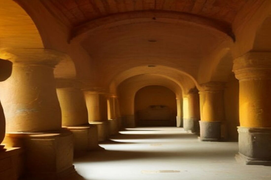 Pasillo de arcos y columnas de piedra iluminado con luz cálida en un edificio antiguo, alusivo a la exposición Muertos de Egipto y México en el Museo Nacional de las Culturas del Mundo